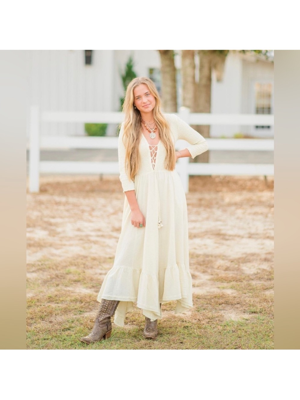 Free People XS NWT Boho Lace-Up Maxi Dress in Beige